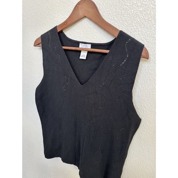 Ann Taylor black knit tank top sequin sparkle womens L holiday classic stretch - Picture 2 of 4